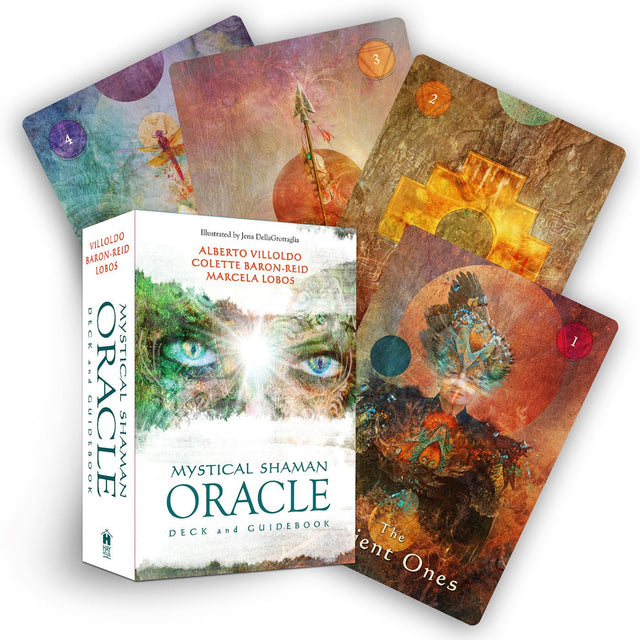 Mystical Shaman Oracle deck and guidebook box with four illustrated oracle cards displayed