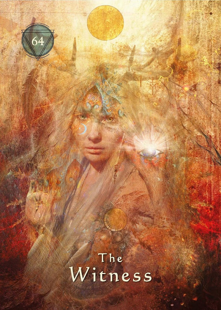 Fantasy tarot card with a mystical woman, number 64, glowing eye, titled The Witness.