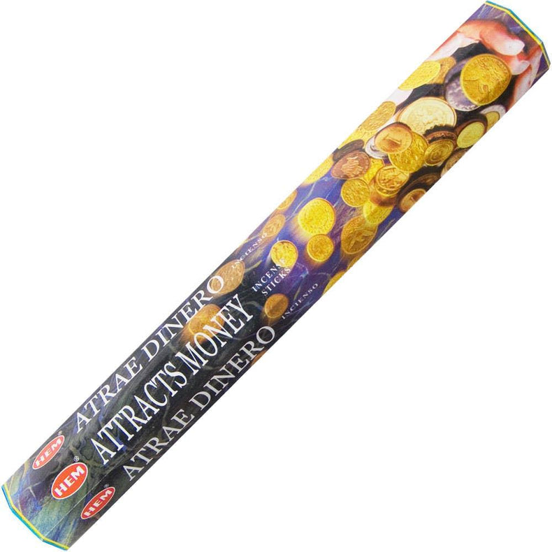 HEM Attracts Money incense sticks packaging with gold coins design