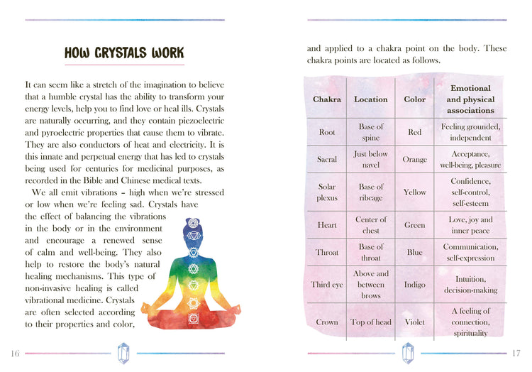 Infographic explaining how crystals work, featuring a chakra chart and a meditating rainbow figure.