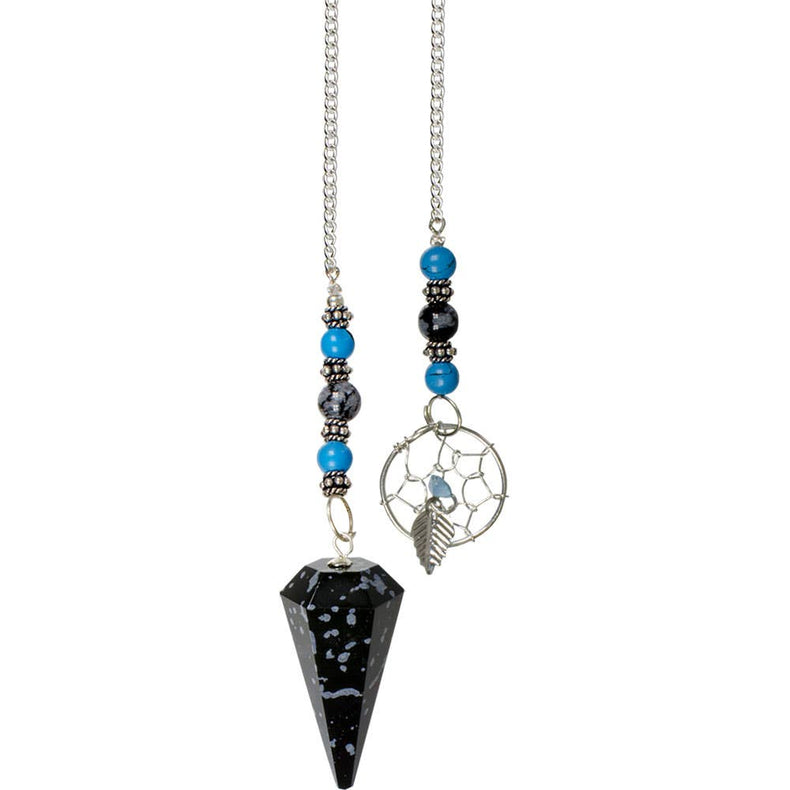Snowflake obsidian pendulum with blue beads and small dreamcatcher charm on silver chain