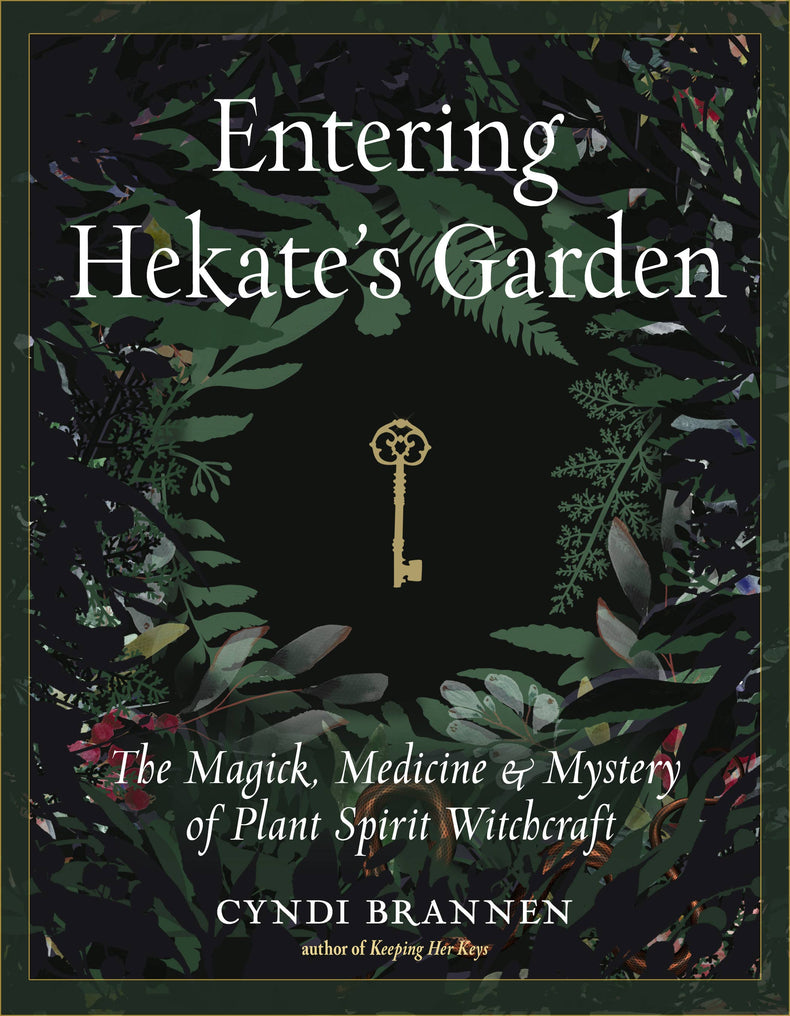 Entering Hekate's Garden book cover with botanical illustrations and vintage key