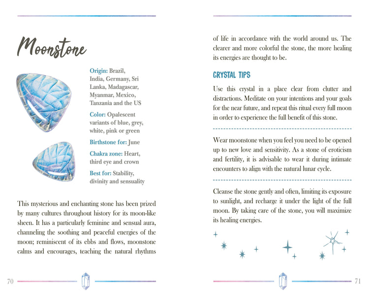 Moonstone crystal information page with opalescent blue stones, crystal tips, chakra and healing uses.