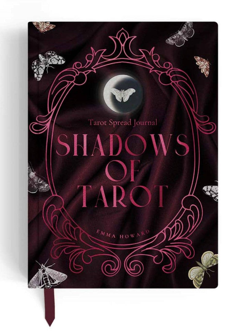 Shadows of Tarot spread journal with moon, moths, and ornate pink design on dark cover