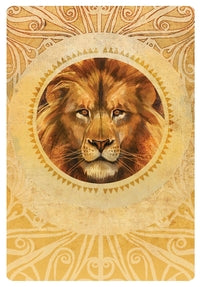 Majestic lion tarot card with ornate golden sunburst design, ideal for spiritual readings and metaphysical practices