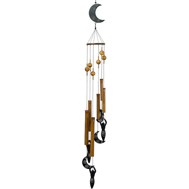 Moon-themed wind chime with wooden tubes and spiritual symbols for metaphysical decor