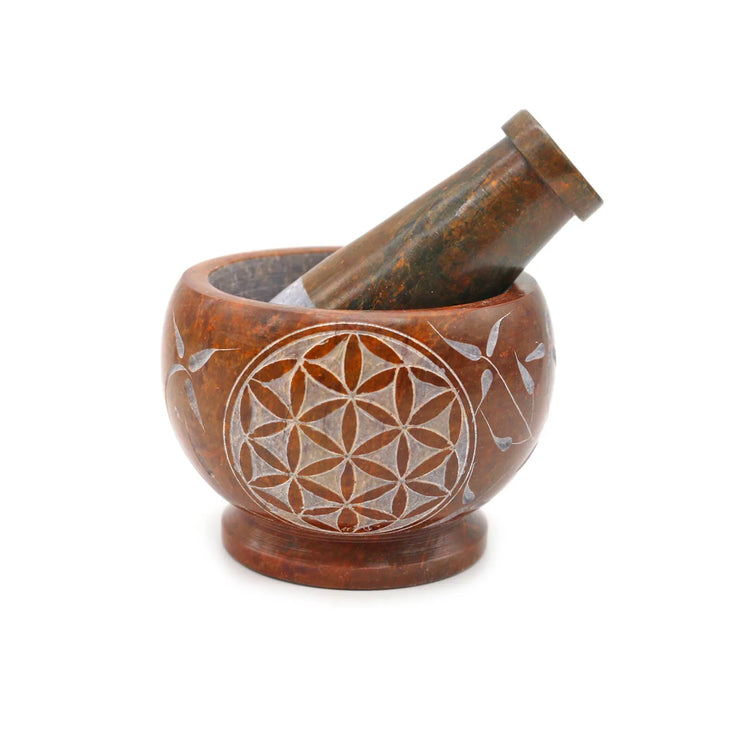 Mortar & Pestle Soapstone - Orange Flower of Life