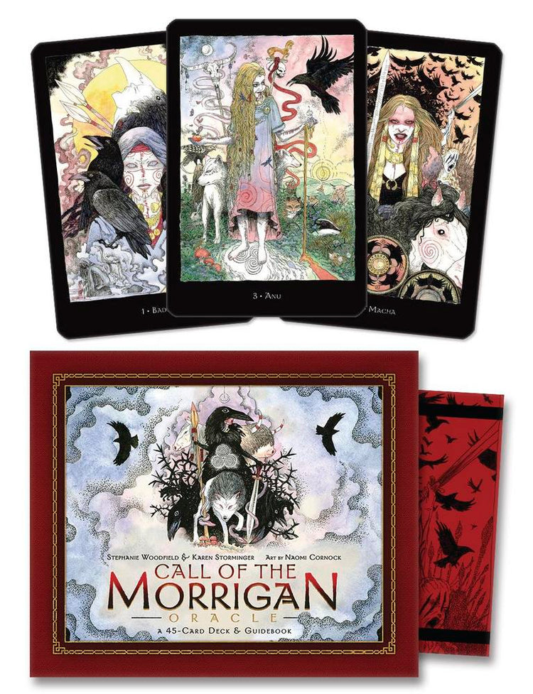 Call of the Morrigan Oracle deck with mystical tarot cards featuring ravens, wolves, and goddess imagery for spiritual guidance