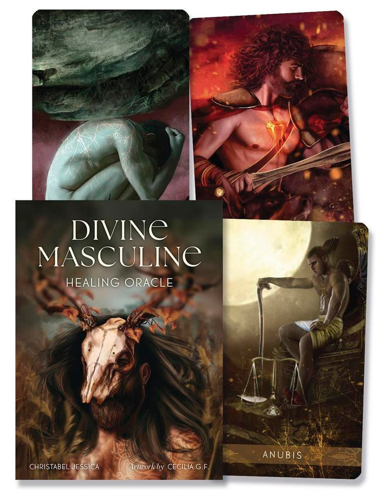 Divine Masculine Healing Oracle cards featuring mystical artwork and spiritual symbolism