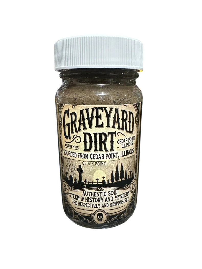 Jar of authentic graveyard dirt from Cedar Point, Illinois with decorative label, metaphysical supply.