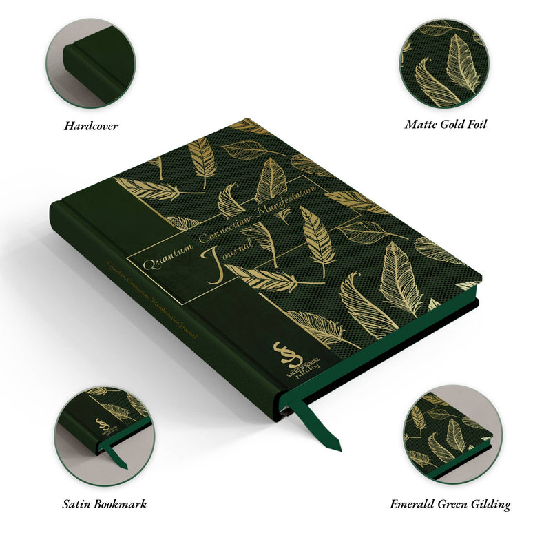 Green hardcover journal with gold foil feather design, satin bookmark, and green gilded edges.