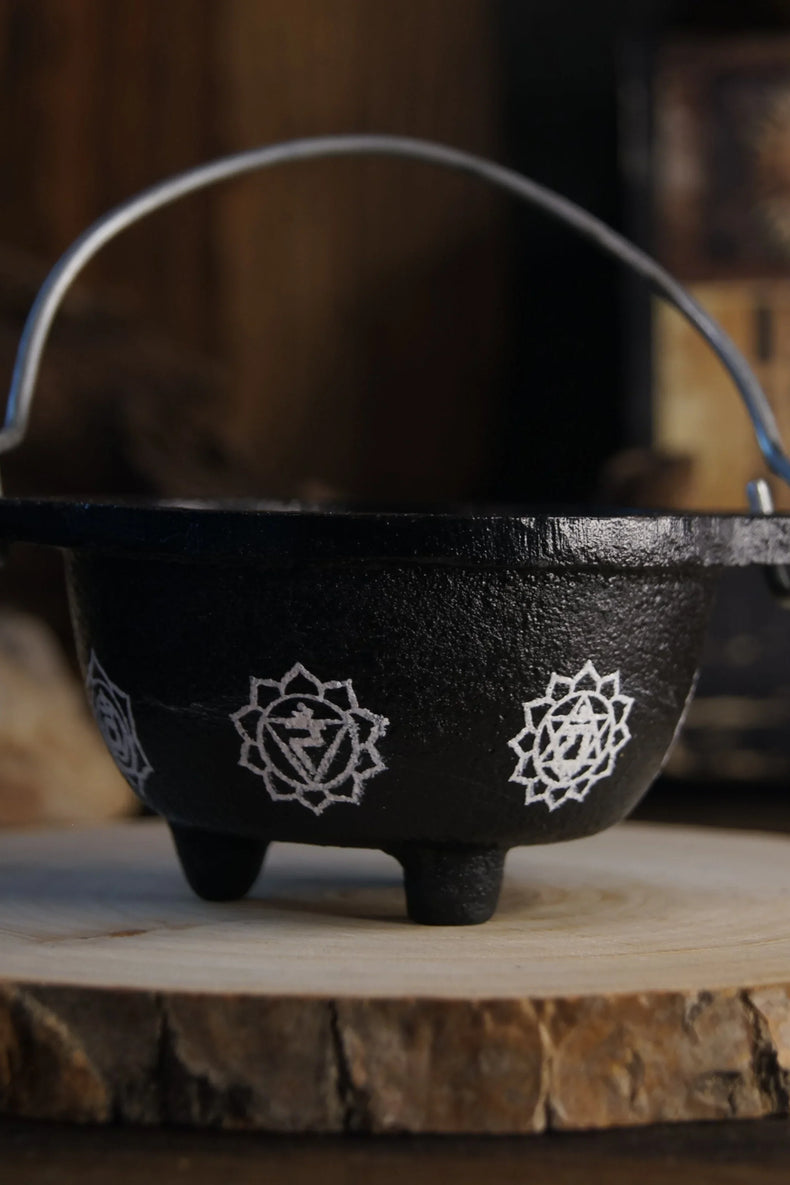 7 Chakras Cast Iron Cauldron w/ Aluminum Hanger (4.5 in.)