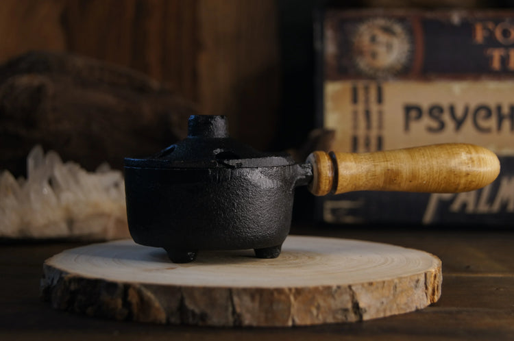 Iron Charcoal Burner w/ Lid + Wood Handle