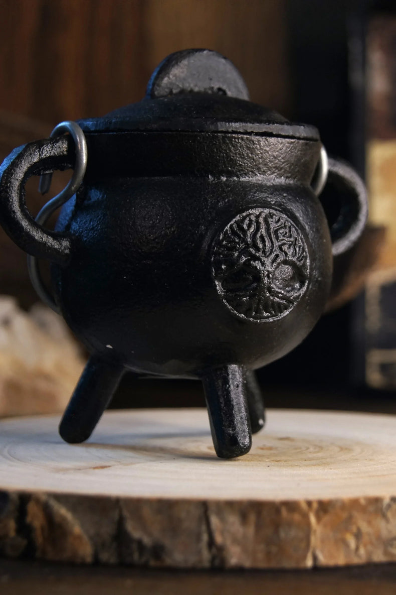 Mini Tree of Life Cast Iron Cauldron w/ Lid (3.5 in.)