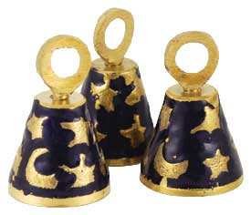 Three ornate blue and gold bells with star patterns, ideal for spiritual rituals and metaphysical practices