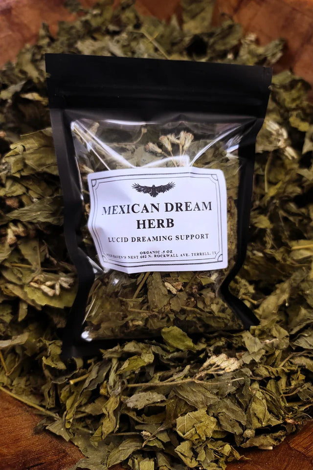 Packaged Mexican Dream Herb on a bed of dried herbs with a wooden surface.