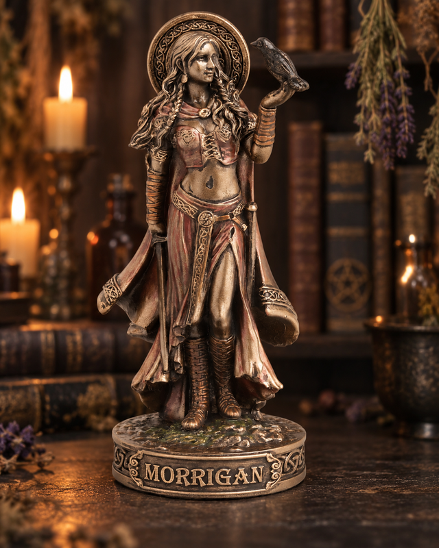 A bronze-finished figurine of the Celtic goddess Morrigan standing on a decorative base labeled 'MORRIGAN', with a raven perched on her raised hand, photographed in a dark, atmospheric setting with candles, books, and dried herbs.