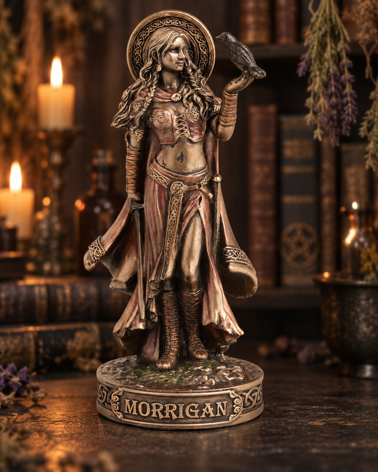 A bronze-finished figurine of the Celtic goddess Morrigan standing on a decorative base labeled 'MORRIGAN', with a raven perched on her raised hand, photographed in a dark, atmospheric setting with candles, books, and dried herbs.