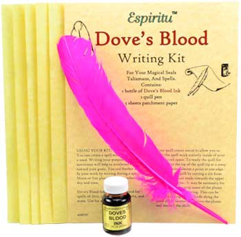 Dove's Blood writing kit with bottle of magical ink, feather quill, and parchment sheets