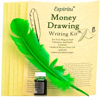 Money Drawing writing kit with bottle of green magical ink, quill pen, and parchment sheets