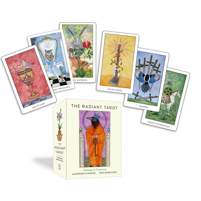 Radiant Tarot deck box with six illustrated tarot cards displayed, featuring animal artwork.