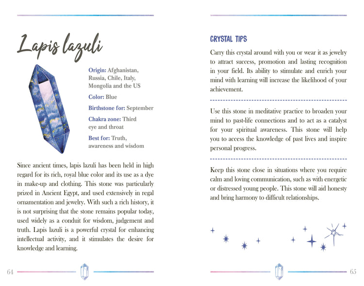 Lapis lazuli crystal illustration with facts and spiritual tips for wisdom, truth, and awareness.