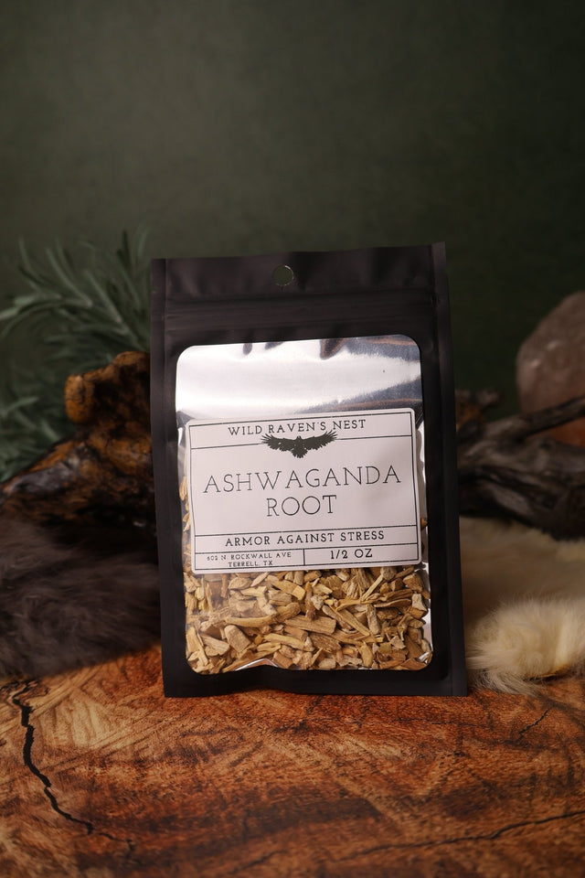 Ashwagandha Root dried herb in a 1/2 oz Wild Raven's Nest bag, Armor Against Stress