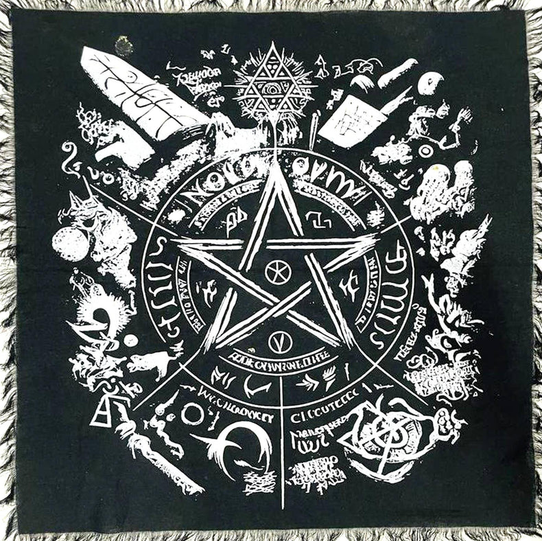 Black altar cloth with white pentacle, mystical symbols, and fringe for spiritual rituals
