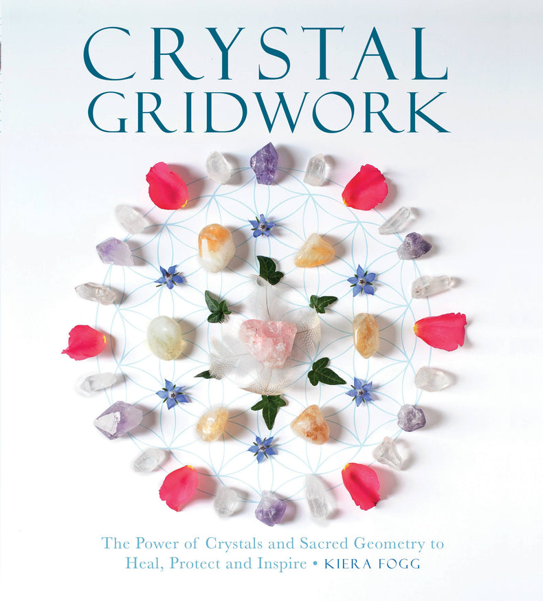 Crystal Gridwork book cover with healing crystals, sacred geometry, and flower petals