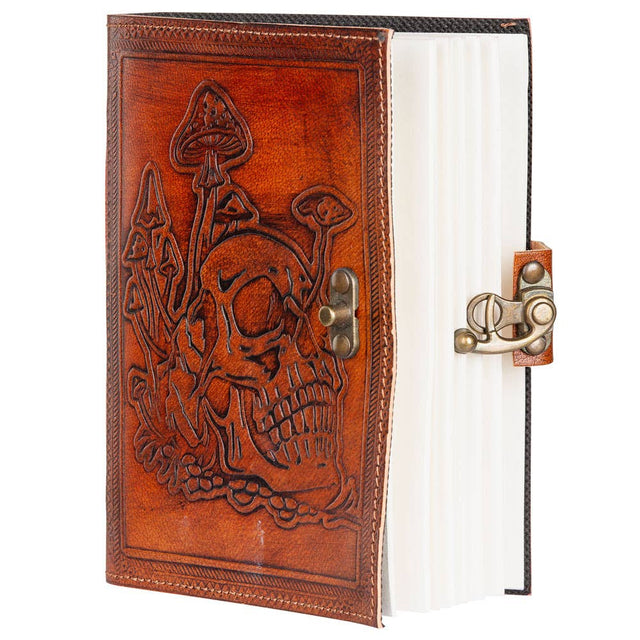 Brown leather journal with embossed skull and mushrooms, metal clasp, metaphysical stationery.