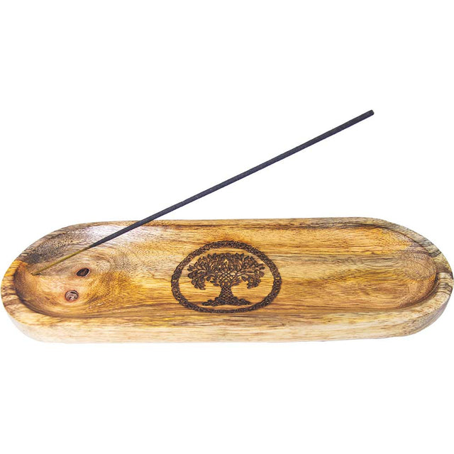 Wooden incense holder with tree of life engraving and a single incense stick