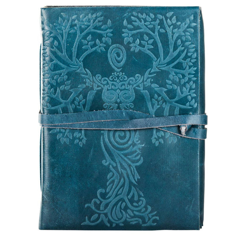 Teal leather journal with embossed goddess and tree design, metaphysical stationery