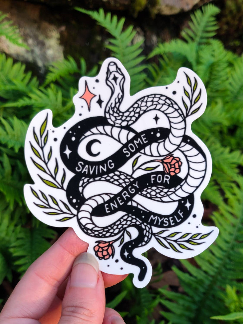 Saving Some Energy for Myself vinyl sticker, a black snake coiled around a crescent moon with roses