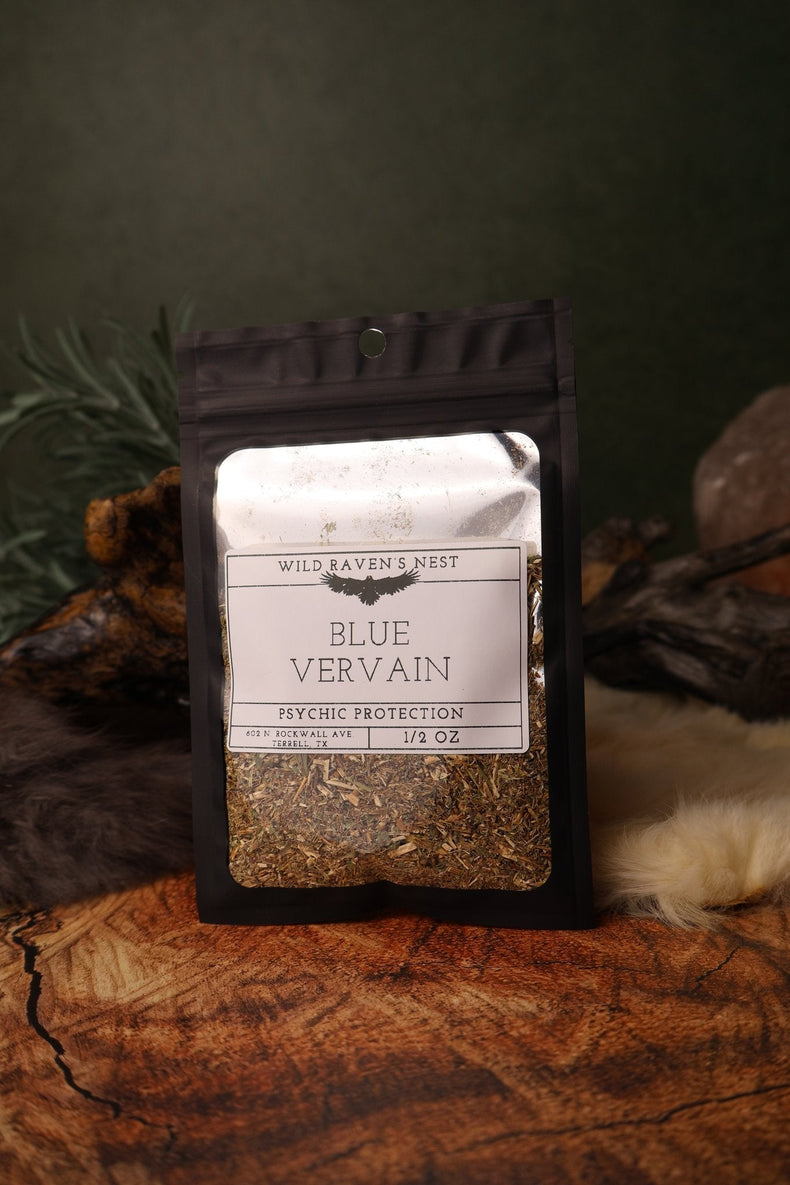 Blue Vervain dried herb in a 1/2 oz Wild Raven's Nest bag, Psychic Protection