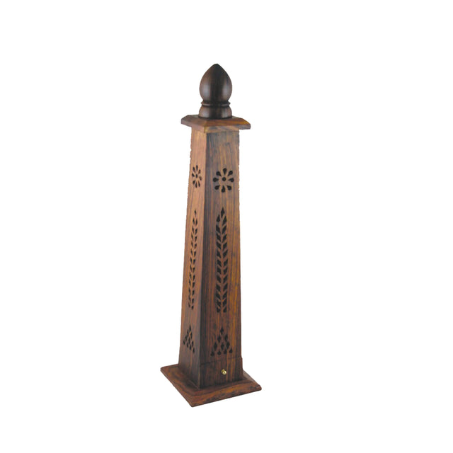 Handcrafted wooden incense holder tower with carved floral and leaf patterns