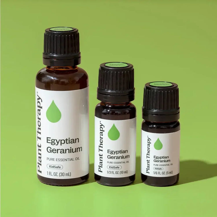 Plant Therapy Egyptian Geranium essential oil bottles on green background