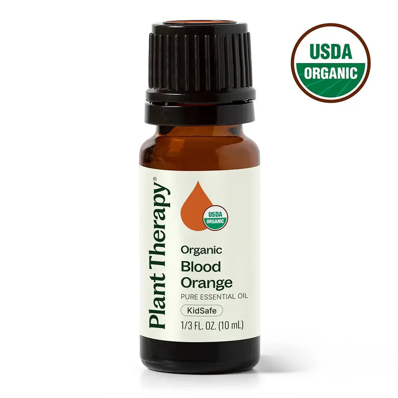 Plant Therapy organic blood orange essential oil bottle with USDA Organic seal