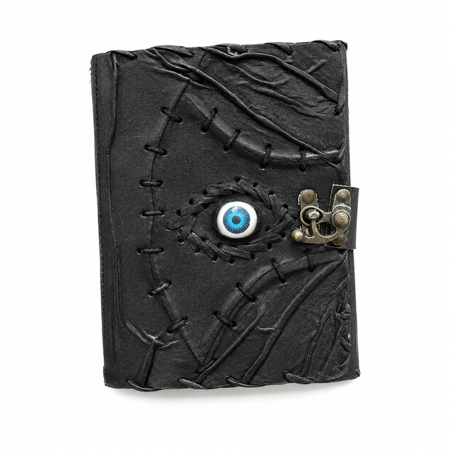Black leather journal with blue eye emblem, hand-stitched binding, and metal clasp for tarot or spiritual journaling