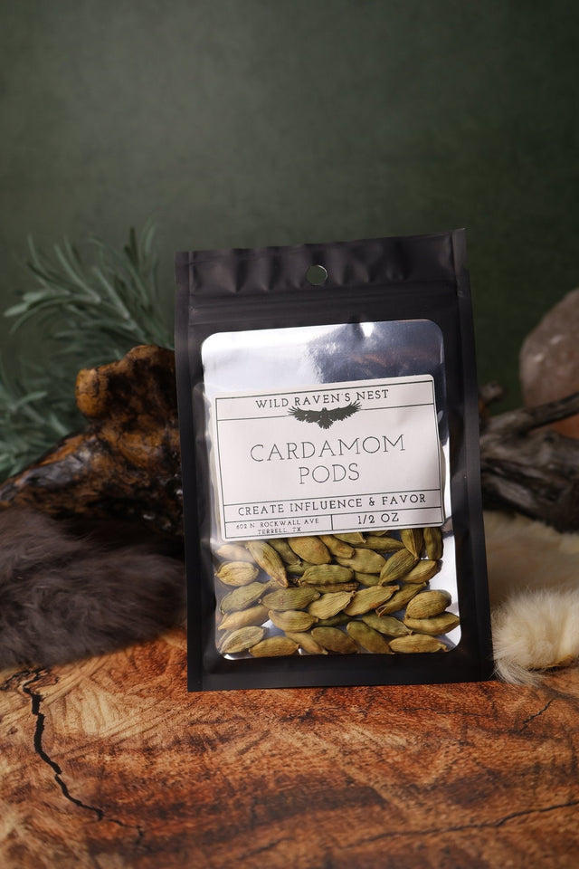 Cardamom Pods dried herb in a 1/2 oz Wild Raven's Nest bag, Create Influence & Favor