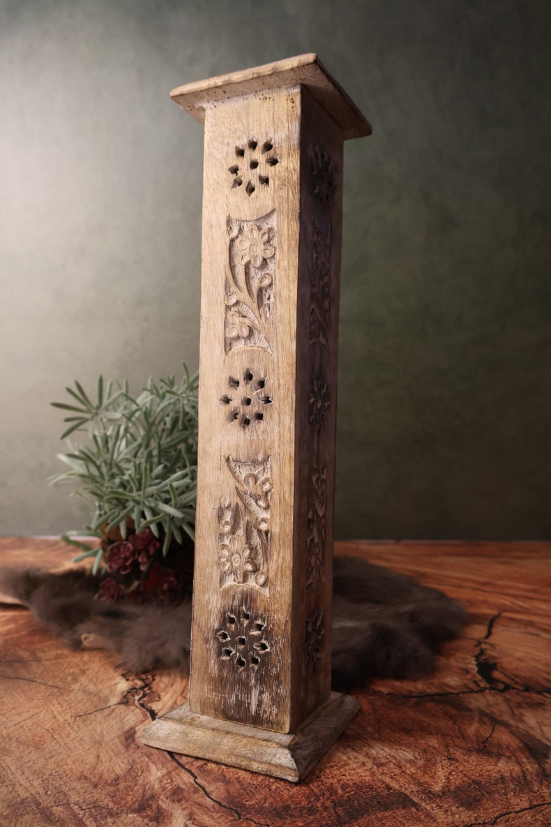 Hand Carved Wooden Incense Burner Tower - Floral