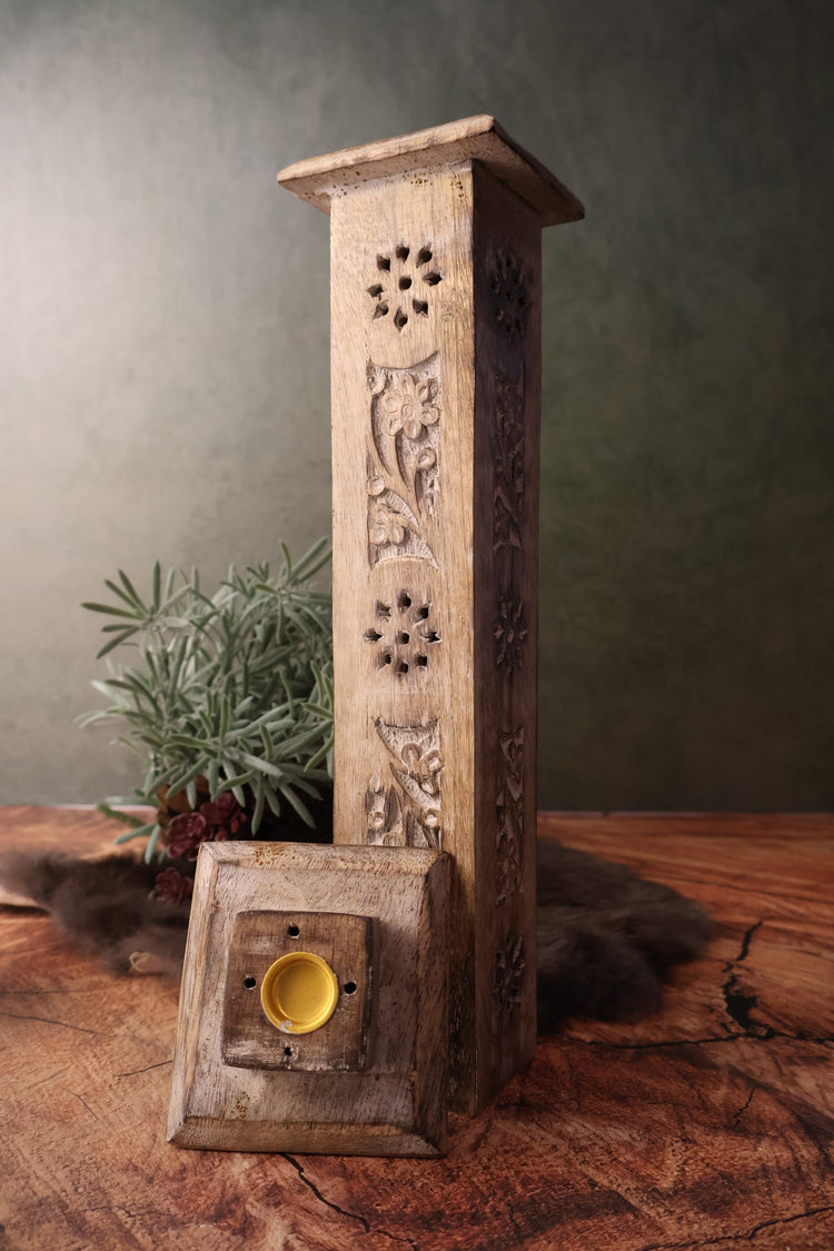 Hand Carved Wooden Incense Burner Tower - Floral