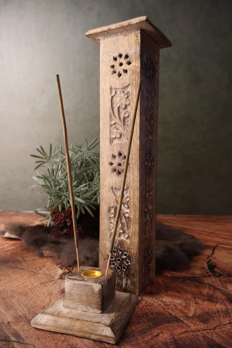 Hand Carved Wooden Incense Burner Tower - Floral