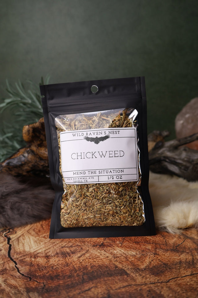 Chickweed dried herb in a 1/2 oz Wild Raven's Nest bag, Mend the Situation