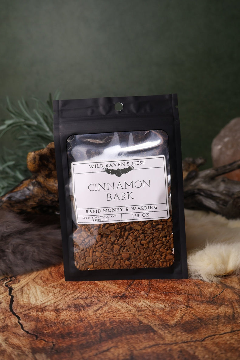Cinnamon Bark dried herb in a 1/2 oz Wild Raven's Nest bag, Rapid Money & Warding