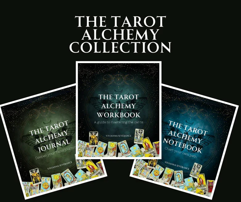 Tarot Alchemy Collection featuring workbook, journal, and notebook with tarot cards displayed.
