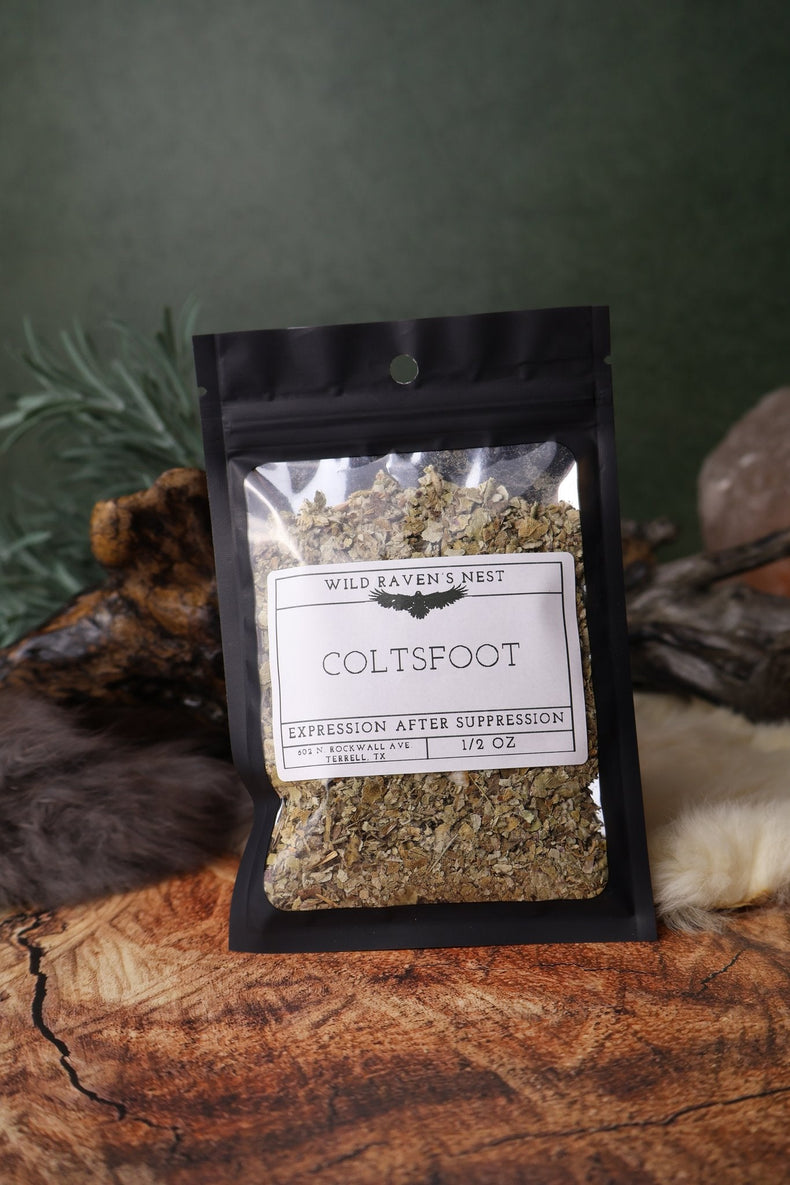 Coltsfoot dried herb in a 1/2 oz Wild Raven's Nest bag, Expression after Suppression