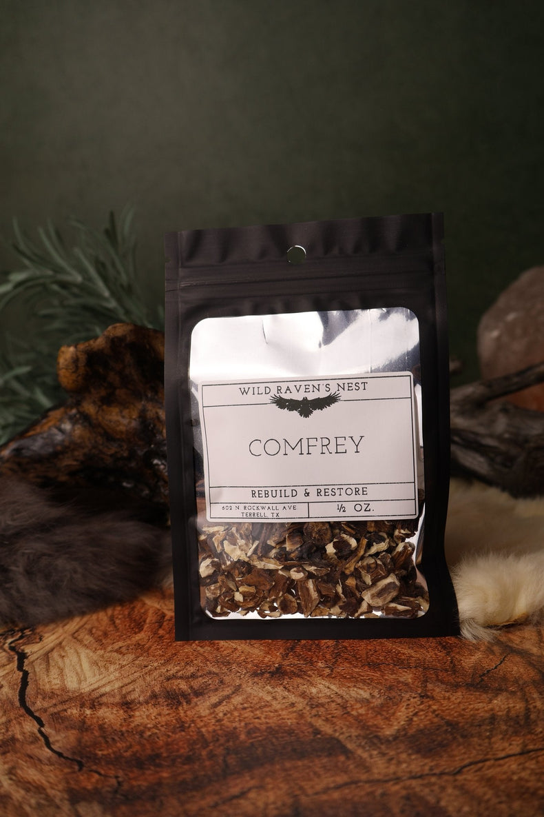 Comfrey dried herb in a 1/2 oz Wild Raven's Nest bag, Rebuild & Restore