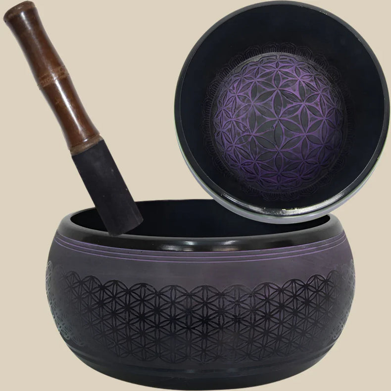 Singing Bowl Round Sided 8in Flower of Life Purple