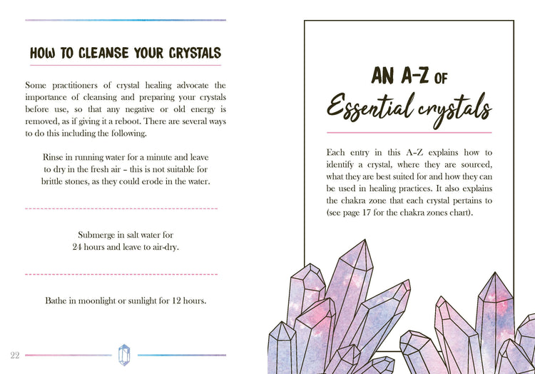 Guide on cleansing crystals, crystal healing tips, and illustrated pastel crystals.