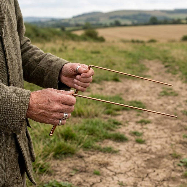 Hands holding copper dowsing rods outdoors for energy detection and spiritual practice